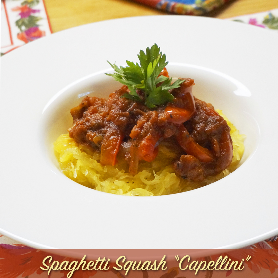 Spaghetti Squash “Capellini” with Sweet Pepper Marinara Sauce Jazzy Vegetarian Vegan and